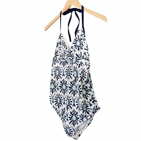 NWT Liz Lange Maternity One Piece Halter Swimsuit Tie Dye Tile Print Size Medium - Picture 2 of 9